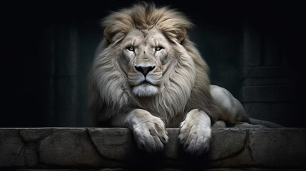 A majestic white lion perched on a stone wall. Generative ai