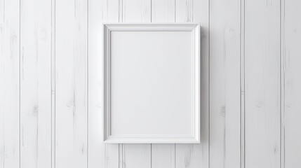 White wooden background with an empty white wooden frame for a painting, photograph, or writing. Unfinished wooden picture frame with a background for product display contemporary frame Generative AI