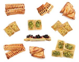 Collage with tasty puff pastries on white background