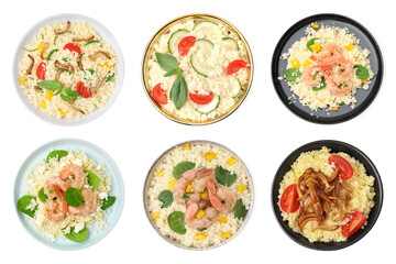 Set of delicious couscous dishes on white background, top view