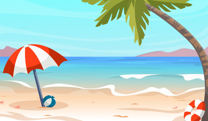 Fototapeta na wymiar Summertime illustration. Sea waves rolling onto sandy beach. Umbrella, ball and palm on coast