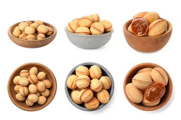 Delicious nut shaped cookies with caramelized condensed milk in bowls isolated on white. Collage with top and side views