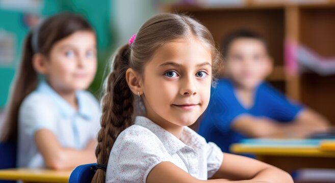 Back to School: Smiling committed elementary schoolgirl posing looking at the camera at her classroom with her classmate in the background. Generative AI - Powered by Adobe