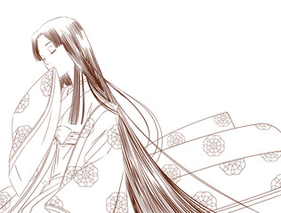 平安装束の女性　線画　茶色