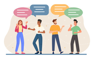Fototapeta na wymiar People communicate concept. Men and women stand with colorful speech bubbles. Communication and interaction. Students, friends and colleagues discussing news. Cartoon flat vector illustration