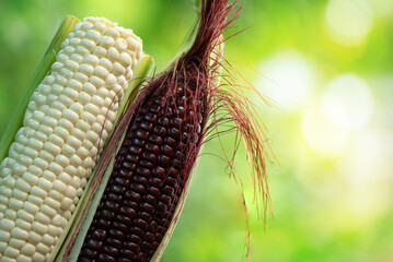 White and red sweet corns on nature background.