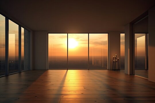 windowed interior of a house. empty space evening scene design for an architectural notion. Generative AI