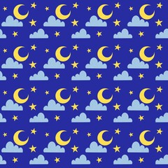 Seamless pattern for kids night sky moon clouds stars
