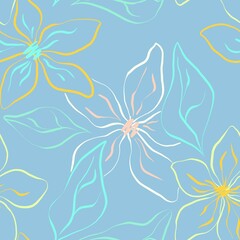 Seamless pattern on blue background with colorful pastel flowers