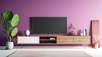 TV stand in contemporary living room with purple wall as background. Generative AI
