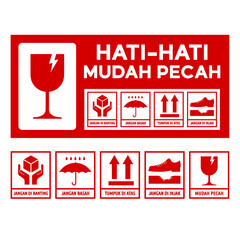 Fragile sticker in the Indonesian language with red background and separate editable icon