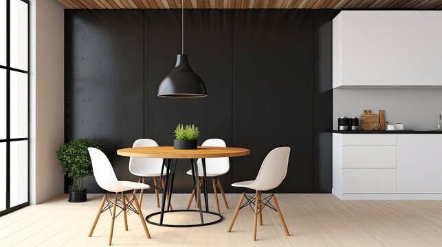 Interior of white kitchen and dining area with wooden floor, circular table, and black chairs. an empty section of a wall. a mockup Generative AI