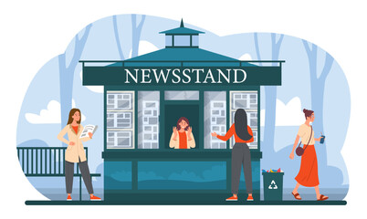 People near newsstand concept. Women buy newspapers and read news. Proud infrastructure and architecture, small business. Information and mass media. Cartoon flat vector illustration