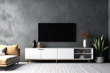 Modern living room with floor and smart TV hanging from cabinet with blank, black screen. Generative AI