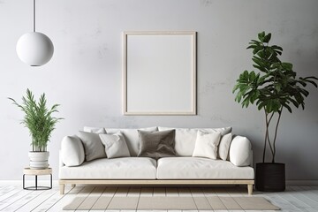 Fototapeta na wymiar Poster over a white sofa with a frame in a minimalist zen living room. Generative AI