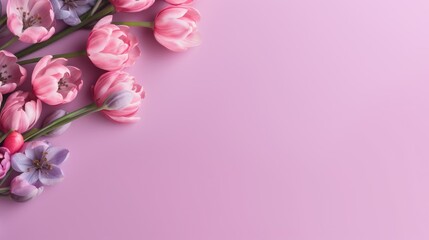 Fototapeta na wymiar bouquet of pink tulips, pink background, spring flowers, autumn leaves background, Spring feeling background, solid colors - generative AI