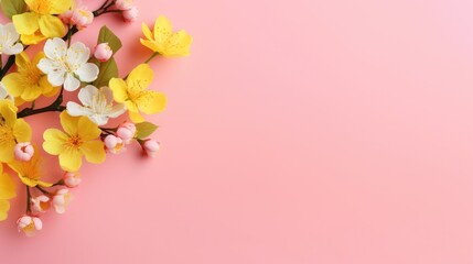spring flowers, pink background, autumn leaves background, Spring feeling background, solid colors - generative AI