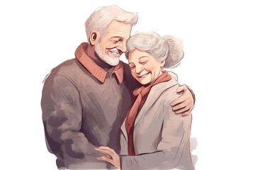 Cartoon illustration of senior retired couple embracing each other over transparent backdrop. Generative AI