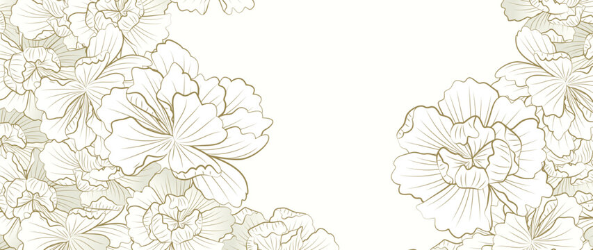 Floral art background in white and beige color in art line style. Banner with oriental pattern of flowers for wallpaper design, decor, print, interior design, textile, poster, invitations.