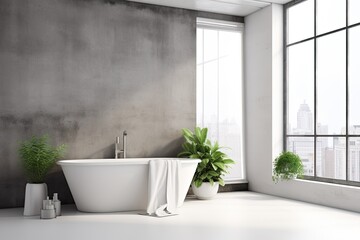 Naklejka na ściany i meble A gray bathroom with a concrete floor and a white bathtub with a sizable gray towel hanging from it. Above it is a window. corner planter with a potted plant. a mockup Generative AI