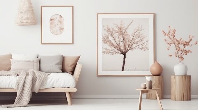 Interior design of a Scandinavian home featuring a wooden stool, a rattan basket, a vase of flowers, and chic accessories in the living area. Elegant interior design. Template. poster Generative AI