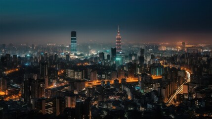 Obraz na płótnie Canvas Panoramic skyline and modern commercial buildings with empty asphalt road. AI Generative.