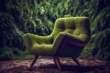 Mid Century Modern style chair upholstered in green moss, eco decorating concept, Generative AI