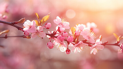 Obraz premium Spring blossom over blurred nature background with sunshine, banner. Retro toned . Generative Ai