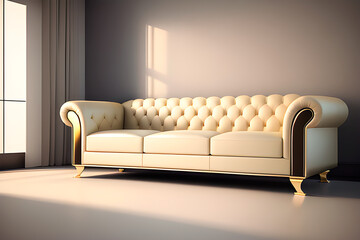 A minimalist living room featuring a light yellow sofa in front of a empty wall. 3d render style. Generative AI.