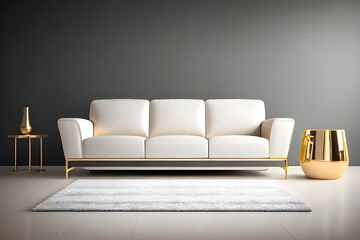 A luxurious living room featuring a white sofa in front of an empty flat grey wall. 3d render style. Generative AI.