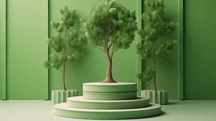 Money and trees. Growth Management. Modern podium and pedestal stand in a green studio's interior space. Background wallpaper with an illustration. Presentation of a product designed for Generative AI