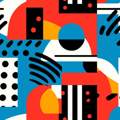 Memphis Design Seamless Retro Background 80s 90s Geometric Pattern with Squares, Circles, Lines, & Squiggles in Yellow, Teal, Black, & Red, Created with Generative AI