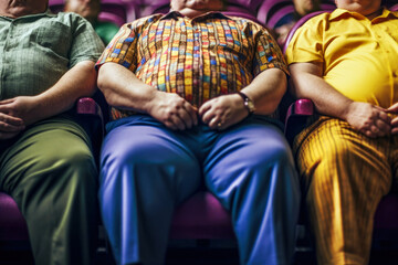 Heavy obese overweight men sitting in a row in a theater, Generative AI