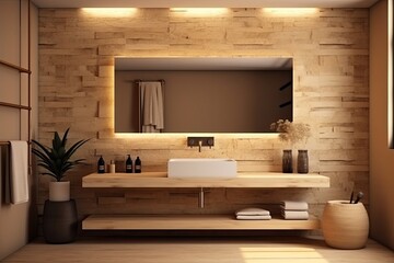 Interior Mockup and Scene Bathroom in a dry location, wood construction, LED lighting in the mirror, beige stone sink. Generative AI