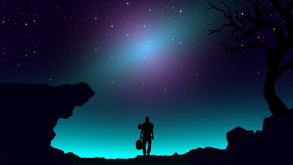 Obraz na płótnie Canvas Adventurous man hiker. Purple night sky HD wallpaper. A Man hiking in the mountains with backpack. starry night sky. Traveler with walking sticks. hiking silhouette vector.