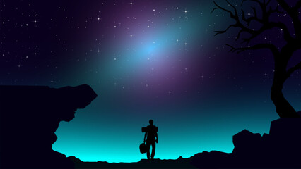 Fototapeta premium Adventurous man hiker. Purple night sky HD wallpaper. A Man hiking in the mountains with backpack. starry night sky. Traveler with walking sticks. hiking silhouette vector.