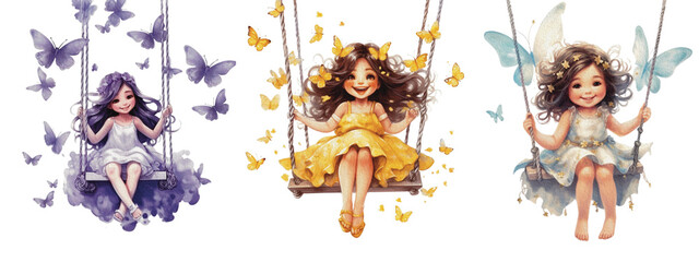Fototapeta premium Set Happy Girls Swing Isolated on White Background. Little princes Characters Sitting on a sweet swing in watercolor, generative AI