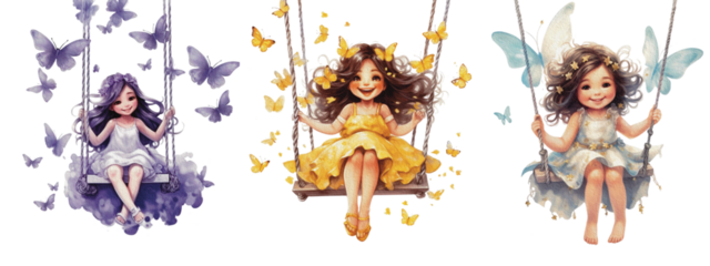 Set Happy Girls Swing Isolated on White Background. Little princes Characters Sitting on a sweet swing in watercolor, generative AI