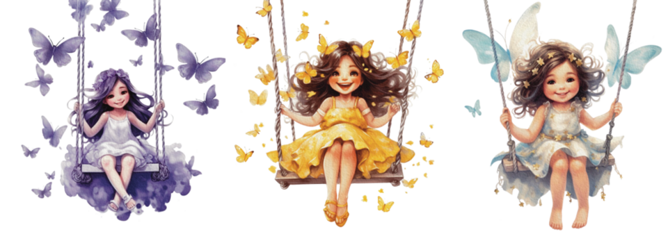 Set Happy Girls Swing Isolated on White Background. Little princes Characters Sitting on a sweet swing in watercolor, generative AI - Powered by Adobe