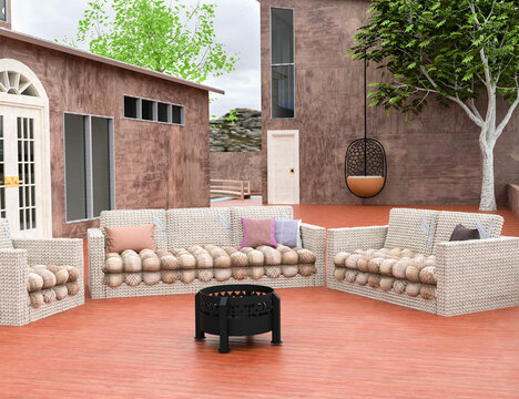 Outdoor backyard of wooden parquet and reddish wood flooring with a wicker sofa set, a fire pit in the center and a hammock in the background. Exterior design and exterior decoration. 3d render