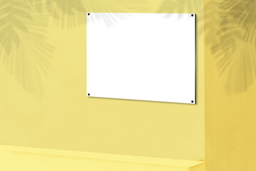 Horizontal photo frames on yellow wall, tropical leaves, natural shadows overlaid on white textured background for overlays in product presentations