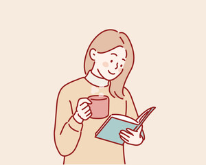 comforting happy cozy woman in knitted winter white warm sweater drinks a cup of hot cocoa during reading favorite book. Hand drawn style vector design illustrations.