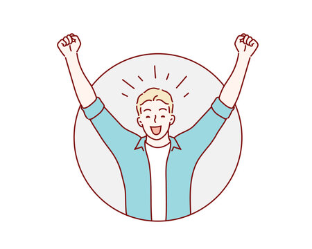 satisfied young man celebrating success. Hand drawn style vector design illustrations.