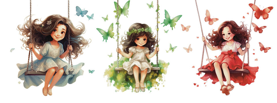 Happy Girls Swing Isolated on White Background. Little princes Characters Sitting on a sweet swing in watercolor, Kid swing png, generative AI