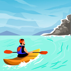 a man canoeing to the island on a sunny day. Vector illustration.
