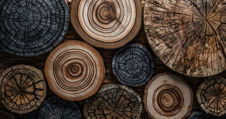 Close up of an abstract pattern with round woodpiles. View of a pile of wooden logs. Trees cut section for background texture. Realistic 3D illustration. Generative AI