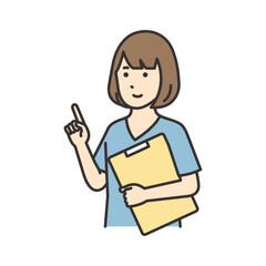 カルテを持って指をさす看護師の女性のイラスト