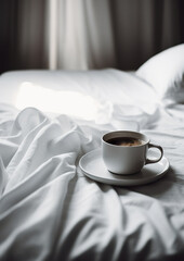 Coffee cup in the morning on the white bed background. Blank white cup of coffee on white bed sheet breakfast in bed concept. Realistic 3D illustration. Generative AI