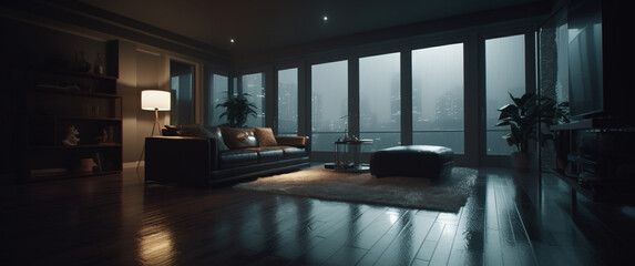 modern living room while it is raining