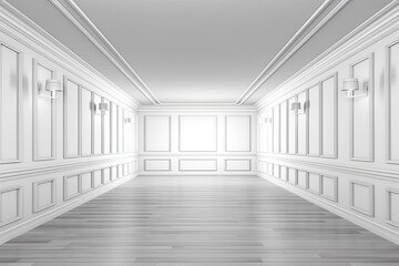 monochromatic interior in white. Classic interior with classic furniture and copy space. walls that have elaborate moldings. a parquet floor. electronic illustration Generative AI